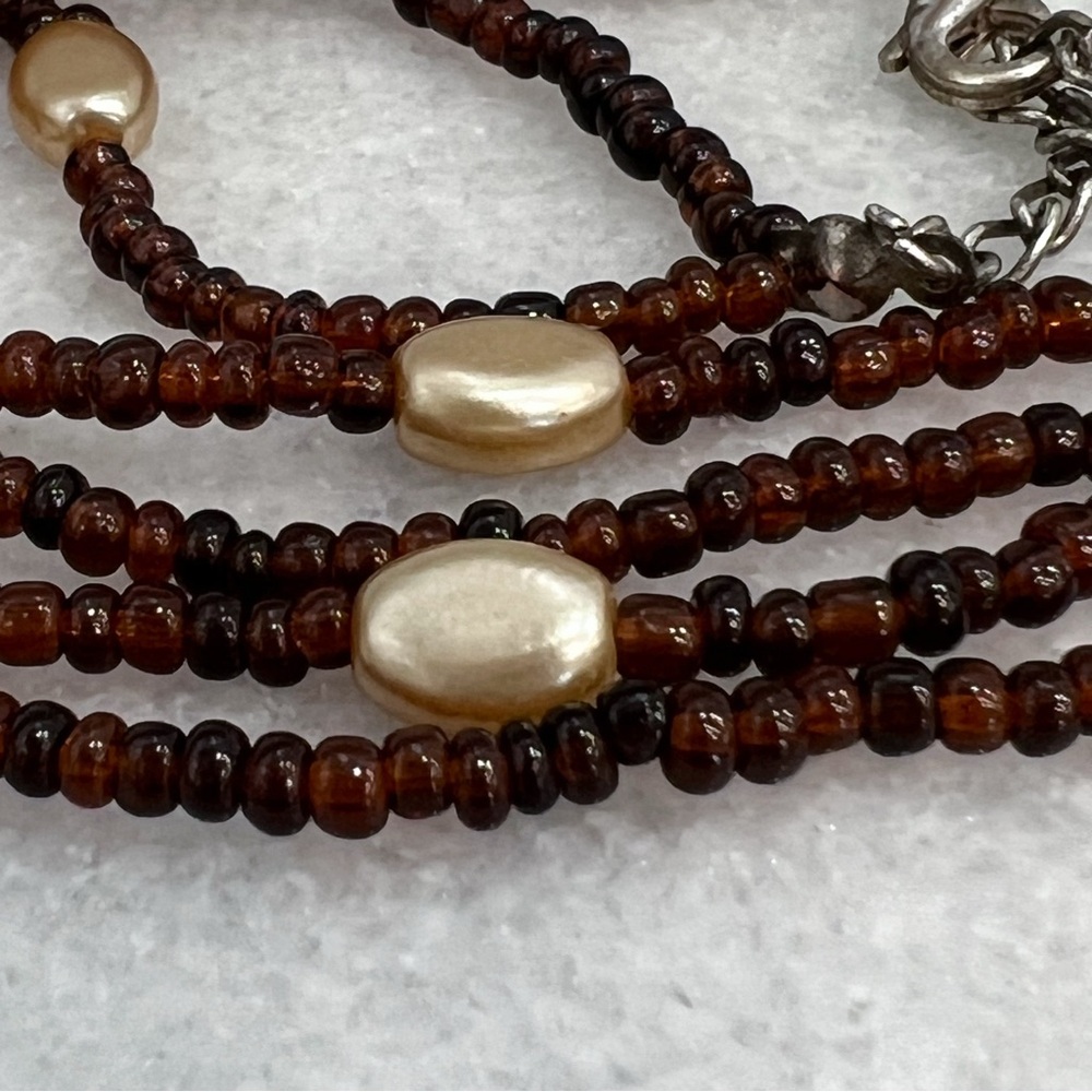 Kenneth Cole Amber & Brown Glass Silver Double Strand Brown Bead Necklace - Picture 3 of 10